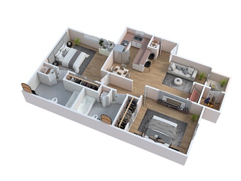 A 3D floor plan of a small apartment with a kitchen, living room, and bedroom.